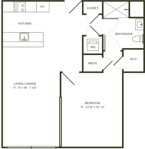 Floor plan for 1 bed, 1 bath, 741 sqft